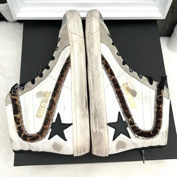 GOLDEN GOOSE Slide Leather Leopard Glitter Toes Mid/High Top Zipper Sz 42 US 12